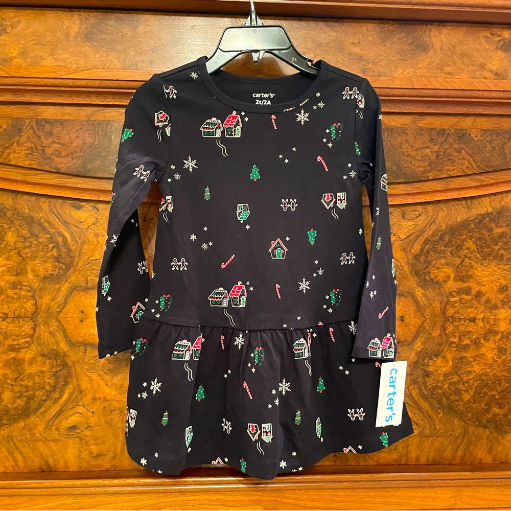 NEW CARTER'S Girls Size 2T/2A Black Cotton Gingerbread house, Candy Cane Dress